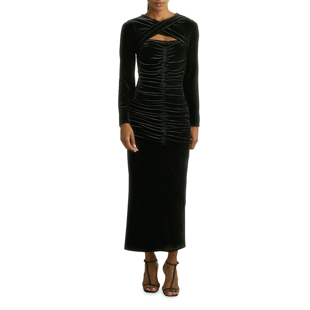 NWT $330 Reiss [ 12 US/ 16‎ UK] Sia Long Sleeve Velvet Ruched Midi Dress J2361